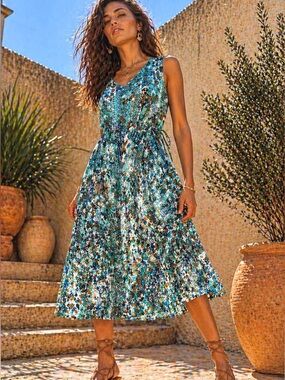 Boho Midi Dress NWT Ice Blue Tribal Print Adjustable Waist L/XL Organic Viscose